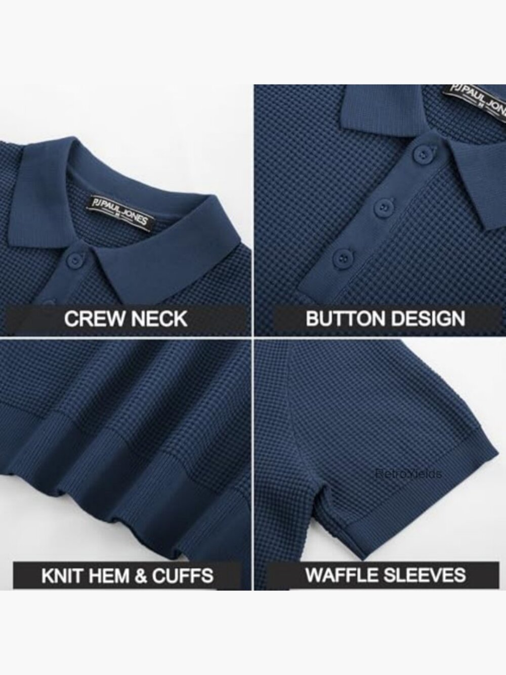 Men's Waffle Texture Short Sleeve Knit Polo Shirt Classic 3-Button - Picture 5 of 7